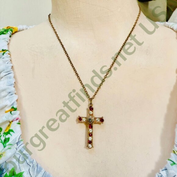Costume Grade Goldtone Paste Stanhope Cross Necklace - Picture 6 of 6
